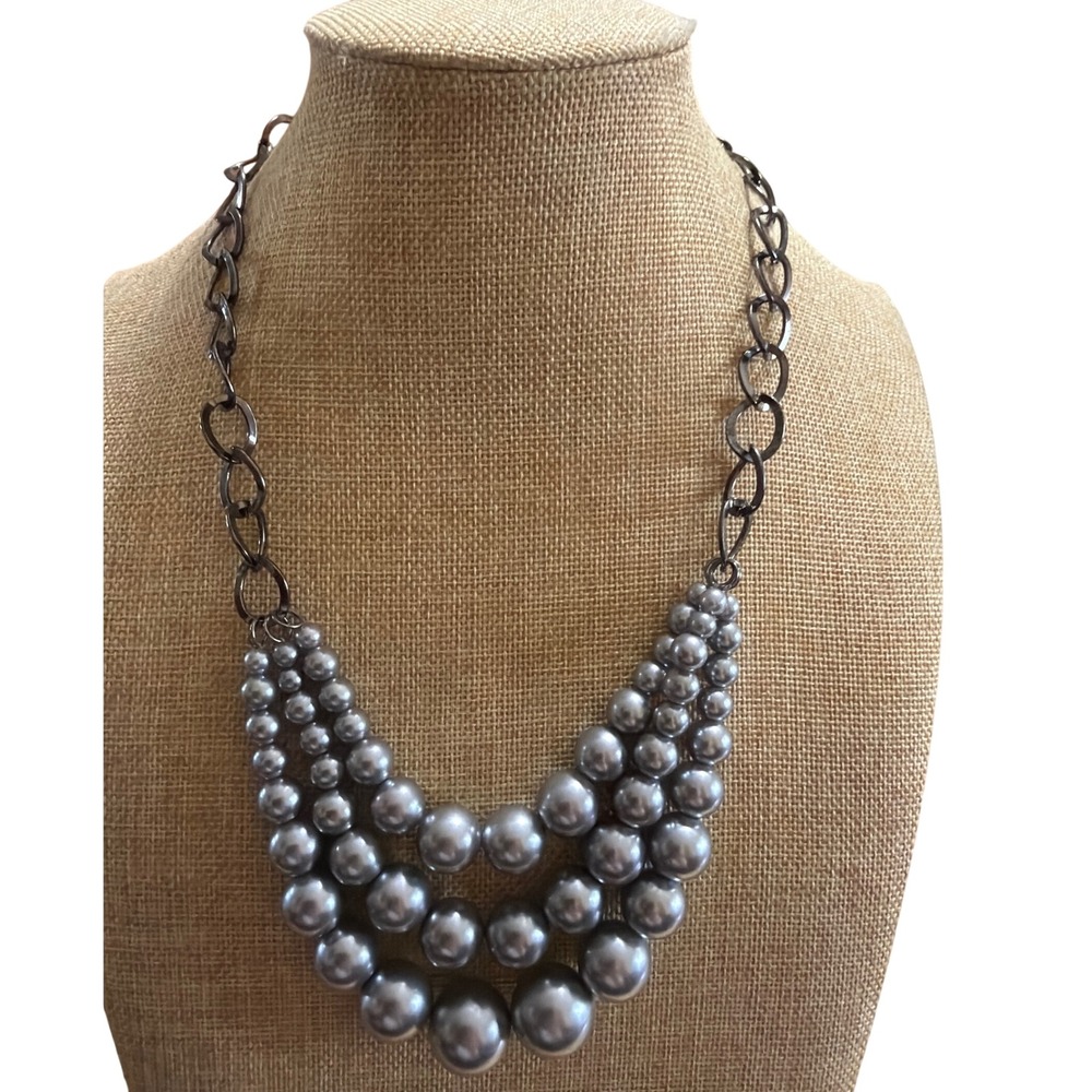 Gunmetal Triple Strand Graduated Metallic Grey Faux Pearl Bib Statement Necklace